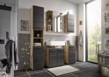 Badkommode >Vista< 1 Tür, 1 Boden, schwarz matt / viking oak Dekor - 34x72x31cm (BxHxT)