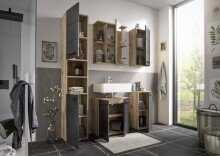 Badkommode >Vista< 1 Tür, 1 Boden, schwarz matt / viking oak Dekor - 34x72x31cm (BxHxT)