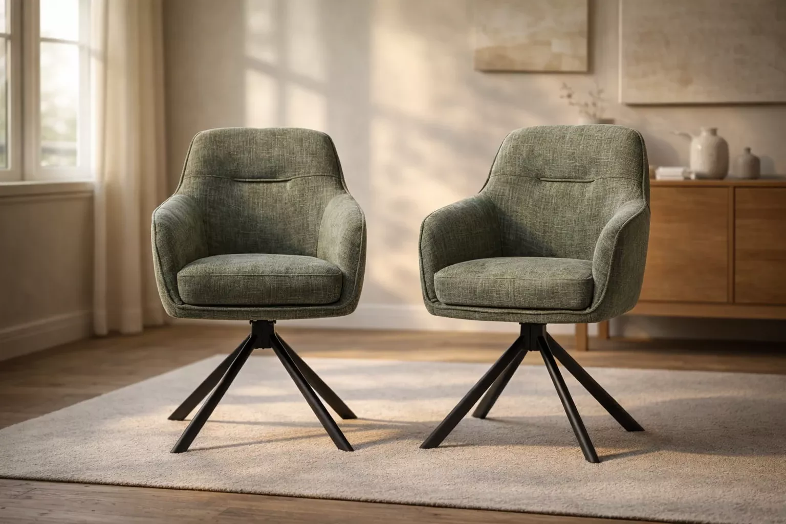 Armlehnstuhl Avola 2er Set Waldgrün Chenille Esszimmerstuhl Drehfunktion Taschenfederkern