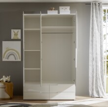 Kleiderschrank >Spice< 3 Türen, 4 Schübe, in Weiß / Weiß Hochglanz - 126x208x57 (BxHxT)