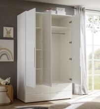 Kleiderschrank >Spice< 3 Türen, 4 Schübe, in Weiß / Weiß Hochglanz - 126x208x57 (BxHxT)