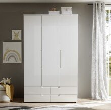 Kleiderschrank >Spice< 3 Türen, 4 Schübe, in Weiß / Weiß Hochglanz - 126x208x57 (BxHxT)