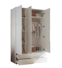 Kleiderschrank >Spice< 3 Türen, 4 Schübe, in Weiß / Weiß Hochglanz - 126x208x57 (BxHxT)