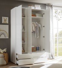 Kleiderschrank >Spice< 3 Türen, 4 Schübe, in Weiß / Weiß Hochglanz - 126x208x57 (BxHxT)