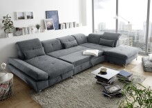 Wohnlandschaft >MELFI< Schlaffunktion, Stauraum, Bezug anthrazit - 350x73x245 (BxHxT)