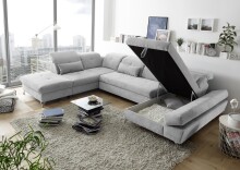 Wohnlandschaft >MELFI< Schlaffunktion, Stauraum, Bezug silver - 350x73x245 (BxHxT)