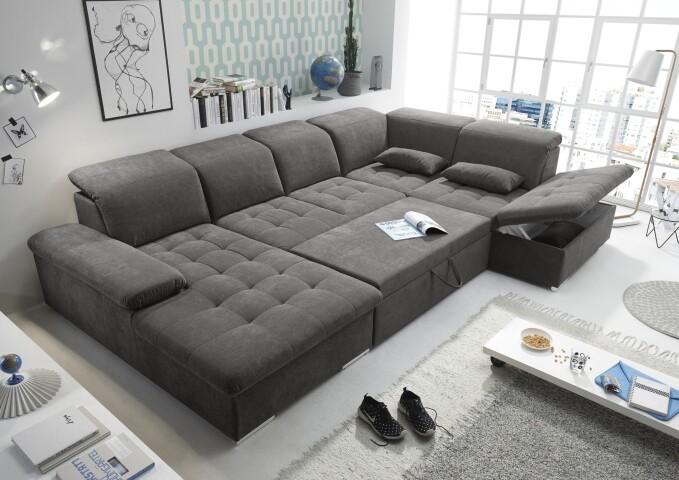 Wohnlandschaft >WAYNE< Schlaffunktion, Stauraum, Bezug stone