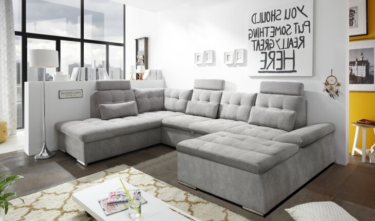 Wohnlandschaft >NALO< Schlaffunktion, Kopfstützen, Bezug Farbe schlamm - 324x103x219 (BxHxT)