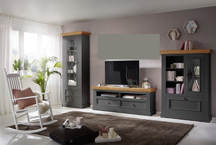 Wohnwand >WZ-0133< (3-teilig) Massivholz grau / eichefarbig - 360x214x42 (BxHxT)