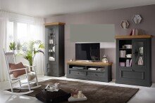 Wohnwand >WZ-0133< (3-teilig) Massivholz grau /...