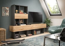 Wohnwand >Lennox< in Grau / Evoke Oak Dekor - 210x147x38cm (BxHxT)