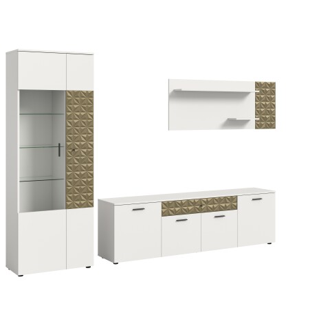 Wohnwand >Prisma< (3-teilig) in Weiß / goldfarbig - 305x195x37cm (BxHxT)