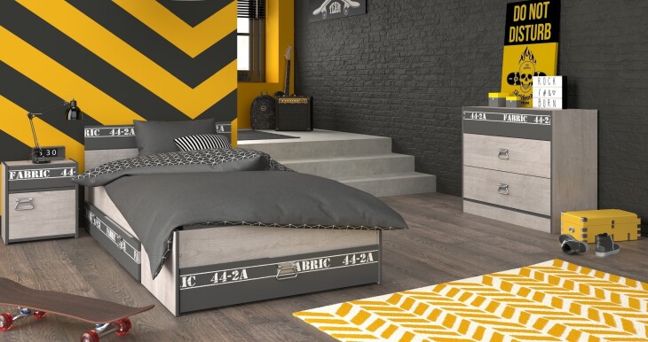 Jugendzimmer-Set >Fabric 14< (3-teilig) Bett, Nachtkonsole, Kommode, in Esche Grau Dekor
