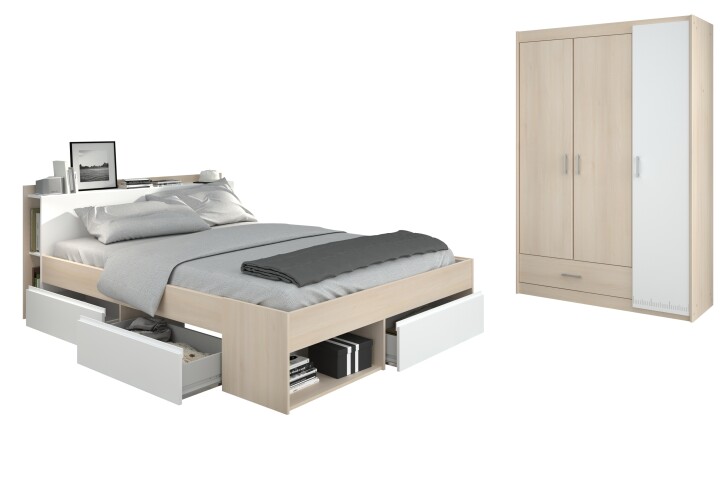Jugendzimmer-Set >Most 71< (2-teilig) Kleiderschrank, Stauraumbett, in Akazie Dekor / Weiß
