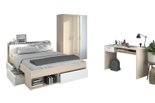 Schlafzimmer-Set >Most 74< (3-teilig) Bett, Kleiderschrank, Schreibtisch, Akazie Dekor / Weiss