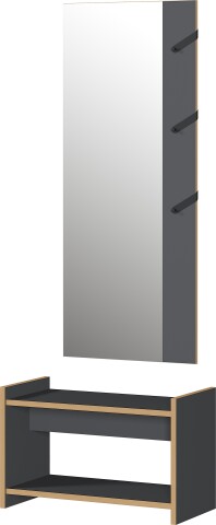 Garderobe >1205< (2-teilig) Bank + Paneel, Graphit / Eiche Dekor - 73x188x37cm (BxHxT)