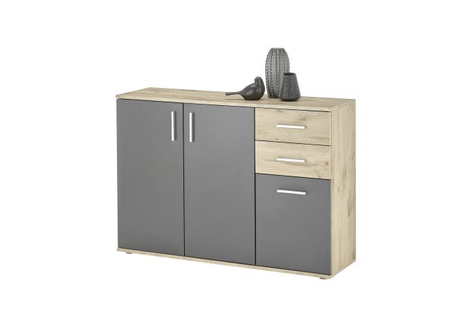 Sideboard >BC 1040< 3 Türen, 2 Schubladen,  viking oak Dekor / grau - 120x84x35cm (BxHxT)