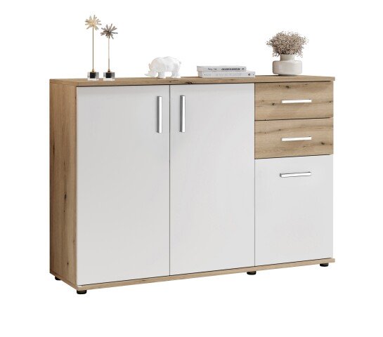 Sideboard >BC 1040< 3 Türen, 2 Schubladen, eiche rustica Dekor/ weiß - 120x84x35cm (BxHxT)