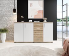 Sideboard >BC 1040< 3 Türen, 4 Schubladen, eiche rustica Dekor/ weiß - 160x84x35cm (BxHxT)