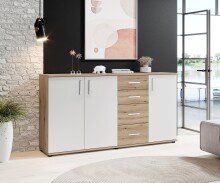 Sideboard >BC 1040< 3 Türen, 4 Schubladen, eiche rustica Dekor/ weiß - 160x84x35cm (BxHxT)