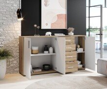 Sideboard >BC 1040< 3 Türen, 4 Schubladen, eiche rustica Dekor/ weiß - 160x84x35cm (BxHxT)