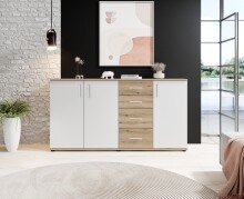 Sideboard >BC 1040< 3 Türen, 4 Schubladen, eiche rustica Dekor/ weiß - 160x84x35cm (BxHxT)