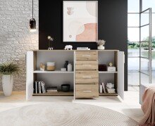 Sideboard >BC 1040< 3 Türen, 4 Schubladen, eiche rustica Dekor/ weiß - 160x84x35cm (BxHxT)