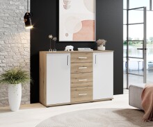 Sideboard >BC 1040< 2 Türen, 4 Schubladen, eiche rustica Dekor/ weiß - 120x83x35cm (BxHxT)