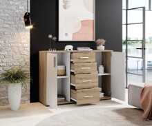 Sideboard >BC 1040< 2 Türen, 4 Schubladen, eiche rustica Dekor/ weiß - 120x83x35cm (BxHxT)
