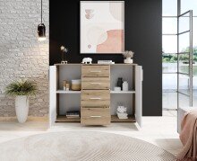 Sideboard >BC 1040< 2 Türen, 4 Schubladen, eiche rustica Dekor/ weiß - 120x83x35cm (BxHxT)