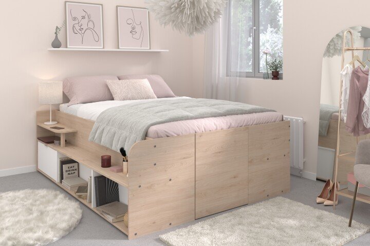 Stauraumbett >Travel 2< Liegefläche 140x200cm, Jackson Eiche Dekor/Weiss - 169x67x209cm BxHxT