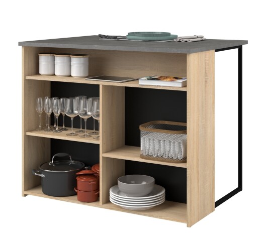 Kochinsel >Fumay 12< in Eiche Dekor / Beton Optik, schwarz lackiert Alu