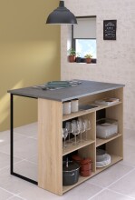 Kochinsel >Fumay 12< in Eiche Dekor / Beton Optik, schwarz lackiert Alu