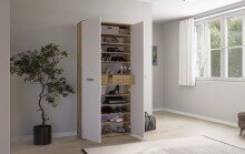 Schuhschrank >Leon< 2 Türen, 2 Schübe, 9 Böden, Eiche Dekor / Weiß - 90x195x38cm (BxHxT)