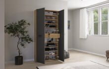 Schuhschrank >Leon< 2 Türen + Schübe, 9 Böden, Eiche Dekor / Anthrazit - 90x195x38cm BxHxT