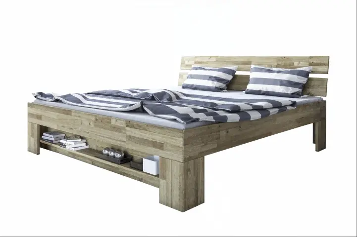 Massivholzbett >Link< Fußteilregal, Liegefl. 140x200, Wildeiche massiv - 145x88x215cm BxHxT