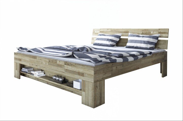 Massivholzbett >Link< Fußteilregal, Liegefl. 140x200, Wildeiche massiv - 145x88x215cm BxHxT