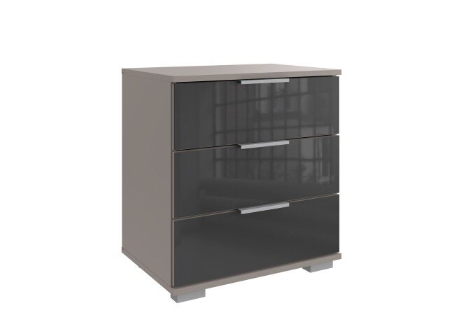Nachtkommode >Easy Plus< 3 Schübe, SAHARAGRAU + GLAS GREY - 52x58x38cm (BxHxT)