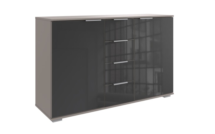 Sideboard >Easy Plus< 2 Türen, 4 Schübe, SAHARAGRAU + GLAS GREY - 130x83x41cm (BxHxT)