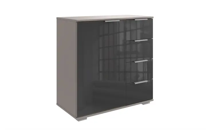 Kommode >Easy Plus< 1 Tür, 4 Schübe, SAHARAGRAU + GLAS GREY - 81x83x41cm (BxHxT)