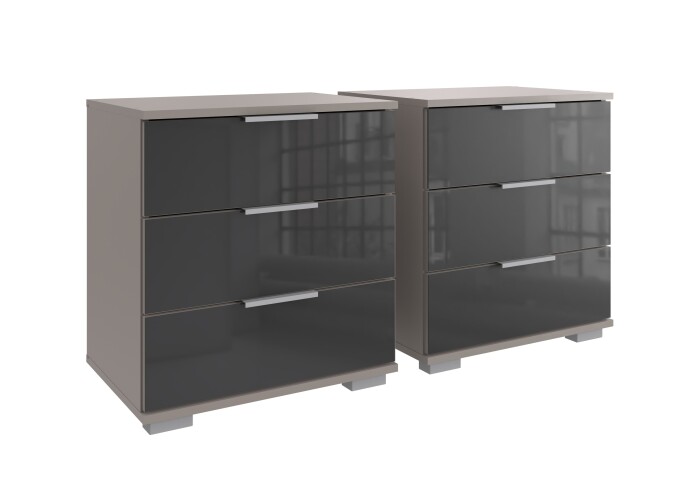 Nachtkommode >Easy Plus< (2er-Set) je 3 Schübe, SAHARAGRAU + GLAS GREY - 52x58x38 (BxHxT)