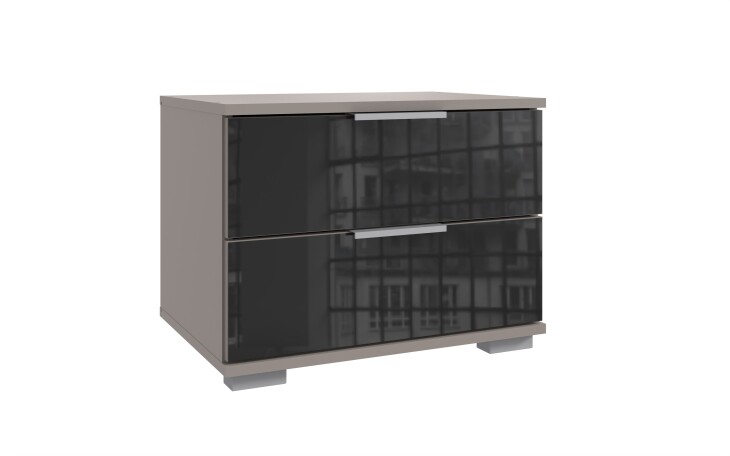 Nachtkommode >Easy Plus< 2 Schübe, SAHARAGRAU + GLAS SCHWARZ - 52x40x38cm (BxHxT)