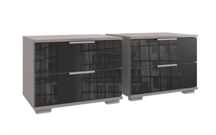 Nachtkommode >Easy Plus< (2er-Set) je 2 Schübe, SAHARAGRAU+GLAS SCHWARZ - 52x40x38 (BxHxT)