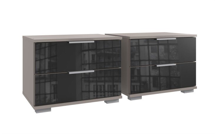 Nachtkommode >Easy Plus< (2er-Set) je 2 Schübe, SAHARAGRAU+GLAS SCHWARZ - 52x40x38 (BxHxT)