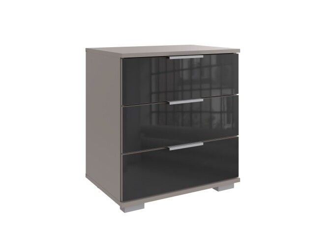Nachtkommode >Easy Plus< 3 Schubladen, SAHARAGRAU + GLAS SCHWARZ - 52x58x38cm (BxHxT)