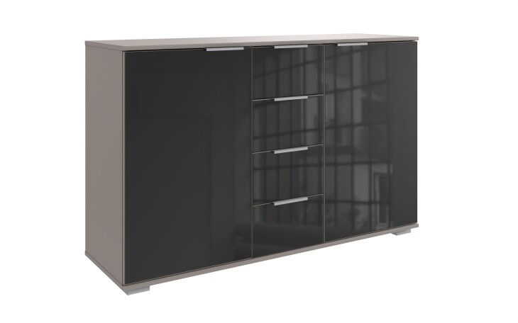 Sideboard >Easy Plus< 4 Schübe, 2 Türen, SAHARAGRAU + GLAS SCHWARZ - 130x83x41cm (BxHxT)