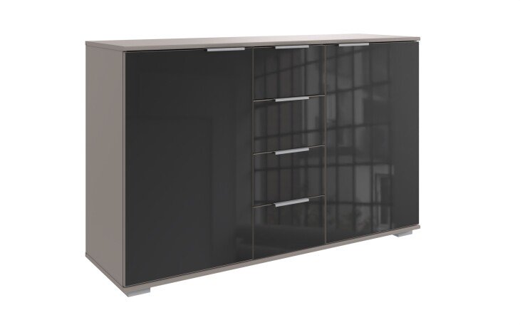 Sideboard >Easy Plus< 4 Schübe, 2 Türen, SAHARAGRAU + GLAS SCHWARZ - 130x83x41cm (BxHxT)
