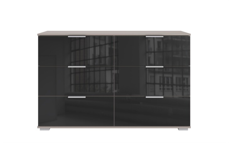 Schubkastenkommode >Easy Plus< 6 Schübe, SAHARAGRAU + GLAS SCHWARZ - 130x83x41 (BxHxT)