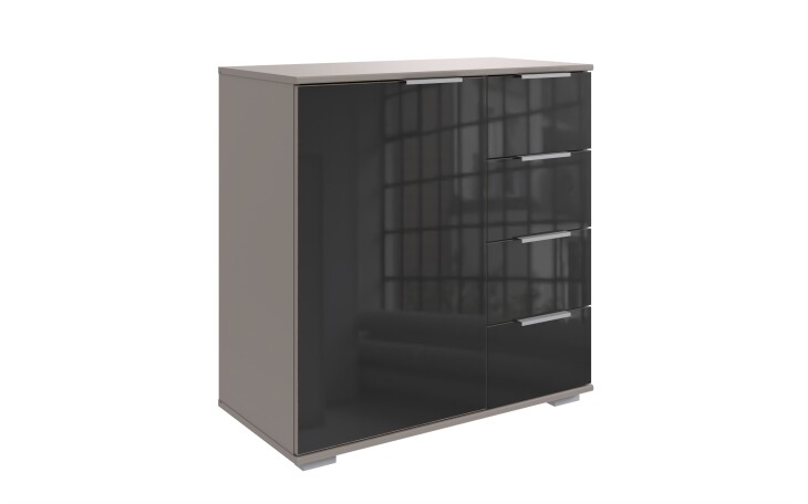 Kombikommode >Easy Plus< 1 Tür, 4 Schübe, SAHARAGRAU + GLAS SCHWARZ - 81x83x41cm (BxHxT)