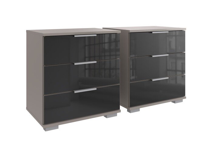 Nachtkommode >Easy Plus< (2er-Set) je 3 Schübe, SAHARAGRAU + GLAS SCHWARZ - 52x58x38 (BxHxT)